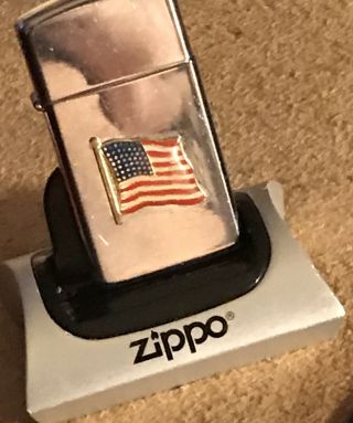 Vintage 1990 Zippo Slim Lighter With The Us Flag High Polished Chrome