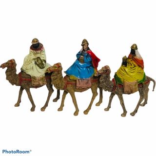 Vintage Christmas Three 3 Wise Men Hard Plastic Detailed Riding On Camels Nativi