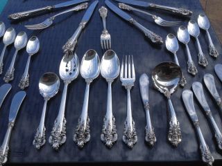 57 PC OLD HEAVY COMPLETE SET FOR 8 WALLACE GRANDE BAROQUE STERLING SILVER GRAND 2