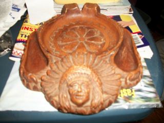 Vtg 1940s Syroco Wood Tobacco Tray Indian Chief Head Pipe Rest Stand Ashtray