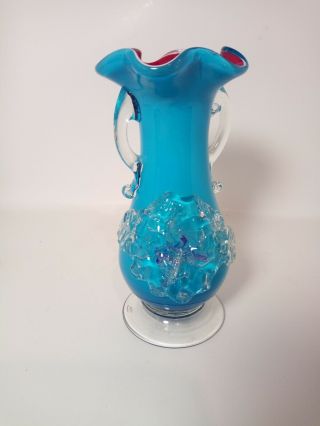 Rare Vintage Murano Art Glass Ruffled Blue Footed Vase Millefiori Red And White