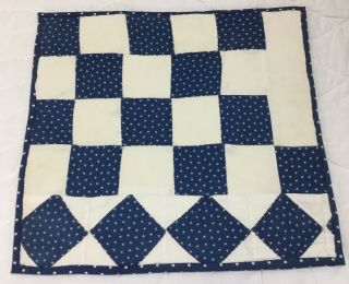 Vintage Patchwork Quilt Table Topper,  Rectangle,  Navy Blue & White,  Nine Patch