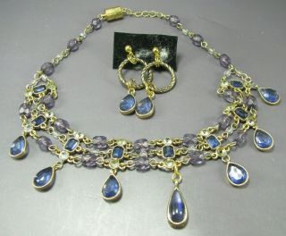 Liz Claiborne Vintage Choker Necklace Earrings Set Gold Blue Purple Rhinestones
