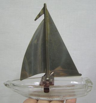 Vintage Art Deco Glass And Tin Figural Sailboat Ashtray 1930s - 40s