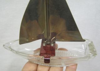 Vintage Art Deco Glass and Tin Figural Sailboat Ashtray 1930s - 40s 2
