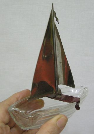 Vintage Art Deco Glass and Tin Figural Sailboat Ashtray 1930s - 40s 3