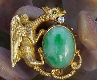 Alling & Co Antique Art Nouveau 14k Gold Griffin Dragon Jade Diamond Brooch 7.  6g
