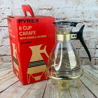 Vtg Mid Century Pyrex 8 Cup Carafe With Candle Warmer And Box