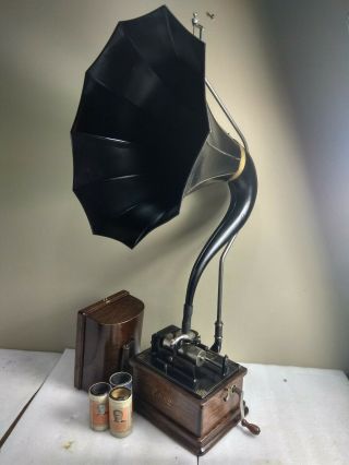 Antique Edison Fireside Model B & Cygnet Horn Cylinder Record Player
