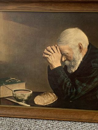 ' Grace ' Print Old Man Praying Eric Enstrom Meal/Table/Bread 19x23 Wood framed 2