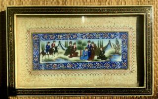 Vintage Persian Khatam Painting Inlaid Wood Frame Marquetry Hunting Horse Scene