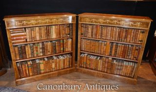 Pair Regency Low Open Bookcases In Walnut Marquetry Inlay