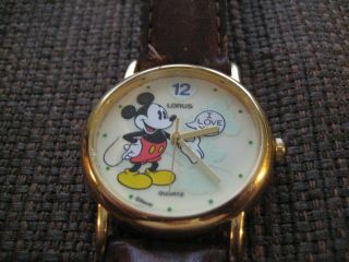 Vintage Lorus Disney Mickey Mouse Watch I Love You Illuminated Minnie Leather Vg