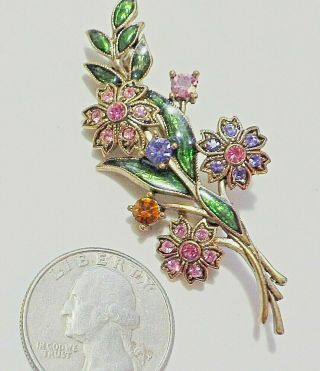 Gorgeous Vintage 80s Multi - Color Rhinestone & Enamel Flower Bouquet Pin 2.  5 "