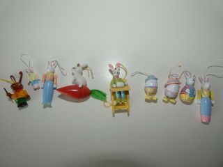 9 Vintage Miniature Easter Wood Ornaments Handpainted Chicks Bunnies 1 " To 2 "