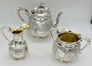 English Victorian 1851 Sterling Silver 3 Piece Tea Set.  Gothic Engraving.  1,  461gm
