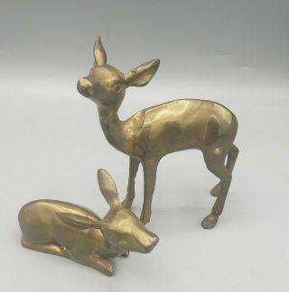 Vintage Pair Mid Century Hollywood Regency Brass Deer Bambi Doe Fawn Mommy Baby