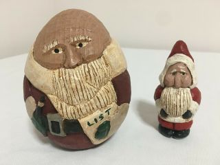 2 Vtg Handmade Wooden Carved Folk Art Roly Poly Christmas Santa Claus & Sm Santa