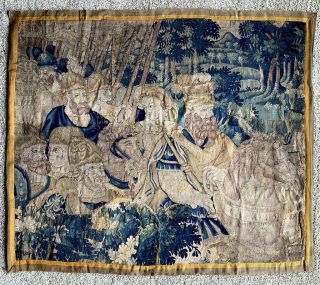 Antique French 15 - 16th C.  Aubusson Tapestry Panel,  Horses,  Lord & Lady,  Soldiers