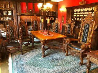 Dining Table Chairs Renaissance Castle Lions Carved Wood Dining Set