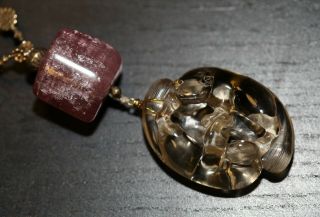 Antique Chinese Carved Pink Tourmaline Necklace With Double Badger Group,  Qing.