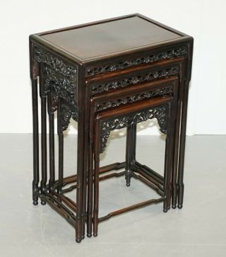 19th Century Chinese Rosewood Nest Of Tables Heavily Fret Work Carved Floral