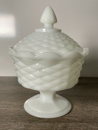 Vintage Large White Milk Glass Footed Pedestal Candy Dish Bowl Trinket Box W/lid