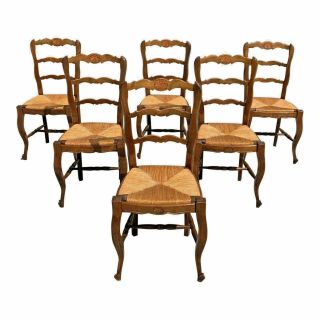 1910s Vintage French Country Rush Seat Walnut Dining Chairs - Set Of 6