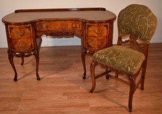 1910 Antique French Satinwood Kidney Shaped Desk Vanity Ladies Desk Walnut Chair