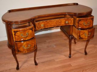 1910 Antique French Satinwood Kidney shaped Desk Vanity Ladies Desk Walnut Chair 6