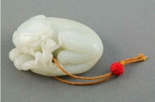 Antique Chinese Qing Finely Carved White Jade Foo Lion & Monkey Toggle Sculpture