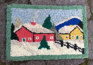 Quebec Acadian Hand Hooked Table Mat - Vintage Winter Cabin 8” By 11” Rug