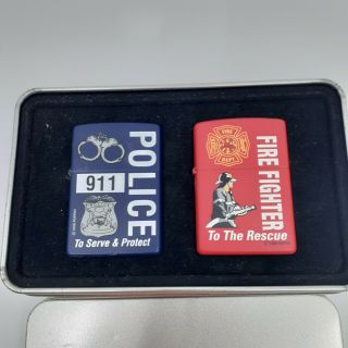 Vintage 1998 Zippo Lighter Set Police Fire Fighter With Tin