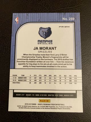 JA MORANT - 2019 - 20 NBA Hoops Premium Stock 259 PURPLE DISCO Prizm RC SP Rookie 2