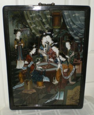 Antique Early 20c Reverse Glass Painting 7 Chinese Girls Playing Go Board Game