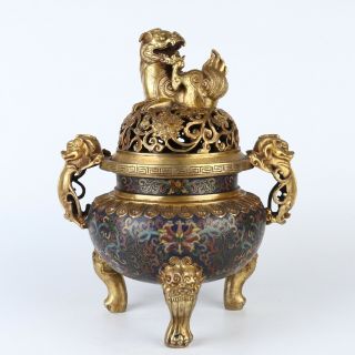 Antique Chinese Gilt Copper Cloisonne Tripod Censer Incense Burner