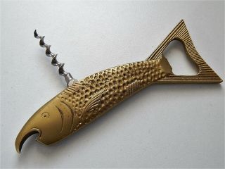 Vintage German D.  B.  G.  M Brass Fish Corkscrew Bottle Opener,  Salmon,  1950s Fishing