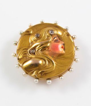 Antique 14k Gold Art Nouveau Enamel Pearl & Diamond Lady Woman Watch Pin Brooch