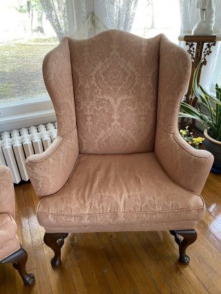 Kittinger Williamsburg Pair Queen Anne Mahogany Wing Back Chairs Silk Damask 2
