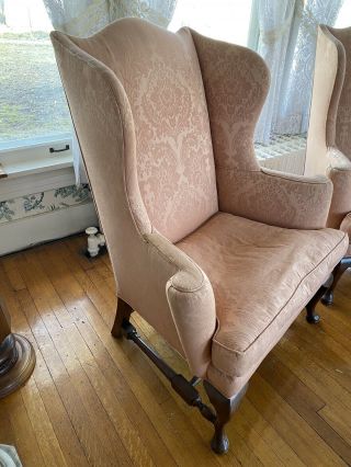 Kittinger Williamsburg Pair Queen Anne Mahogany Wing Back Chairs Silk Damask 3