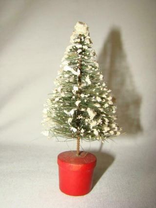 Vintage 5 - 1/4 " Christmas Bottle Brush " Snow Flocked " Tree,  Wood Pot Stand,  Japan