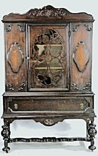 19th C Antique Mahogany China Cabinet Breakfront Bookcase Cupboard Jacobean 2