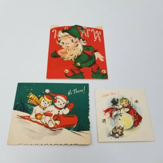 3 Vintage Christmas Cards Snowmen Elf Angel Rabbits Gibson Xmas Duets Die Cut