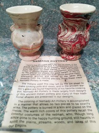 2 Vintage Nemadji Clay Pottery Mid Century 3 3/8 " Vases W Paper