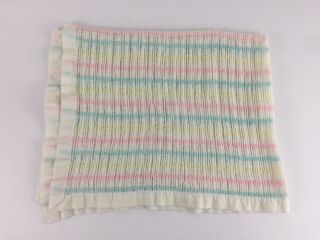 Vintage Chatham Crib Baby Blanket Pastel Candy Stripe Satin Trim Waffle Weave