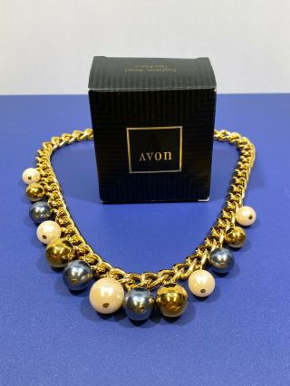 Vtg Avon Fashion Bead Necklace Bib Dangle Gold Tone Gray Faux Pearl Chunky Chain