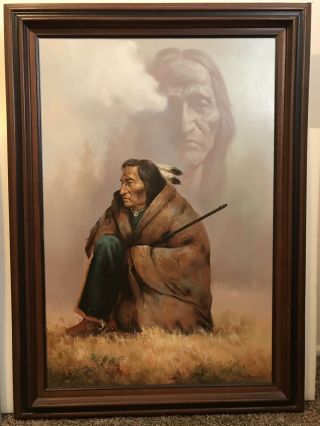 42” Troy Denton Masterwork Vtg.  Oil Painting Native American Subject On Canvas