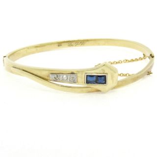 Antique Art Deco 14k Gold & Platinum Sapphire Diamond Snake Bangle Bracelet