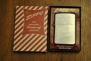 Vintage Zippo Windproof Lighter Brush Finish W/ Red And White Strip Box