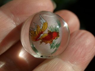 One Large Vintage Chinese Reverse Painted Glass Bead Gold Fish 20mm Round